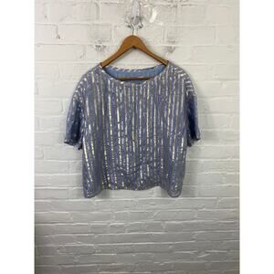 Uterque Women's Striped Boatneck Blouse Top Short Sleeve Blue Size Medium